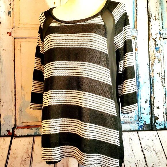 AB Studio Black White Stripe Knit Top Size M Sheer Details Boho 3/4 Sleeve - Picture 1 of 10